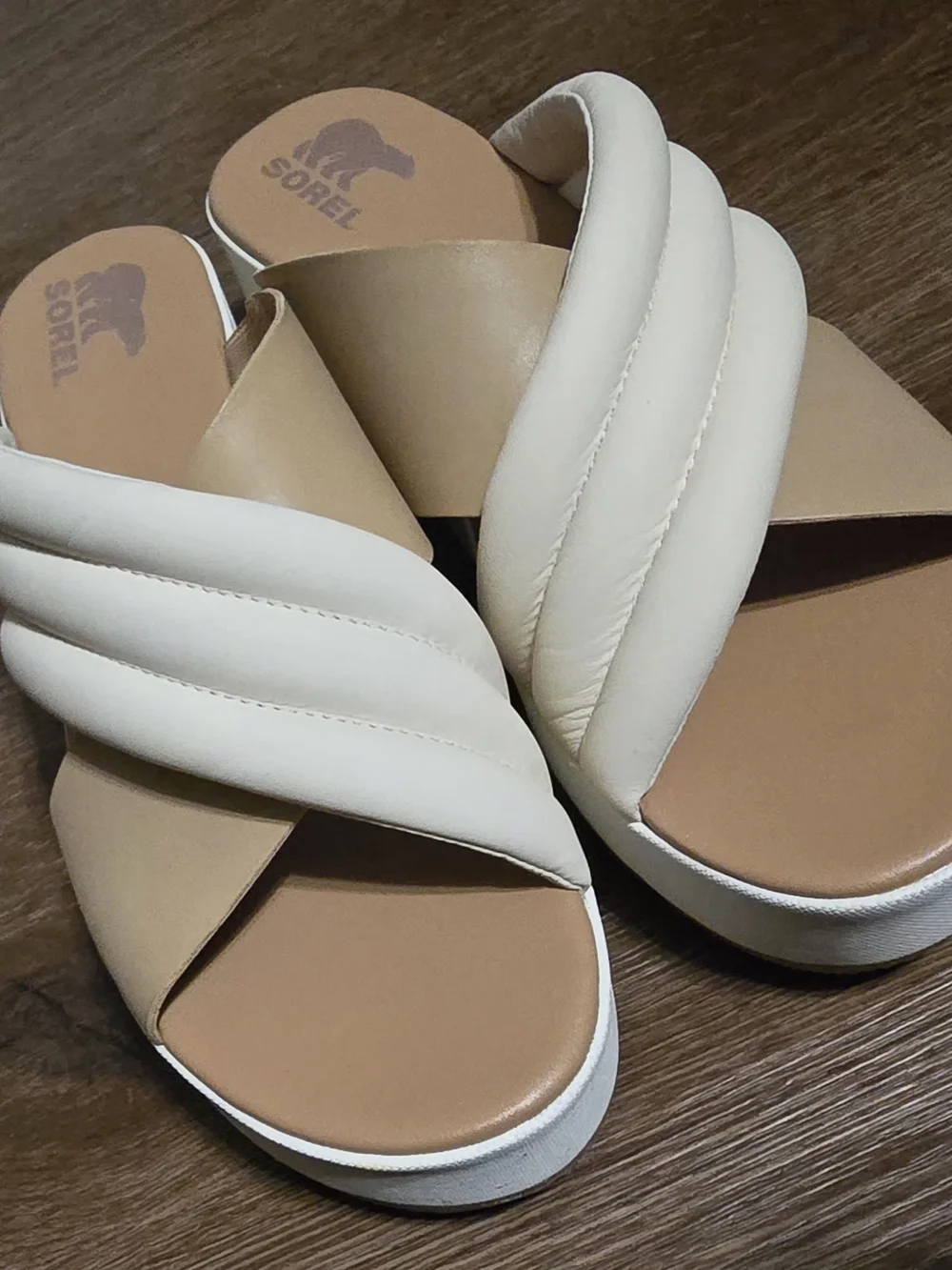 Sorel Cameron Wedge Flatform Puff Mule Sandals Chalk Beige Womens Size 12